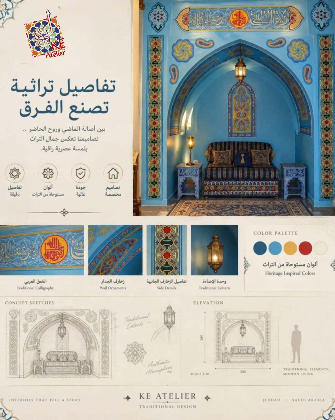 بوستر KE Atelier — جلسة داخل قوس أزرق مزخرف مع مخططات وتفاصيل لونية